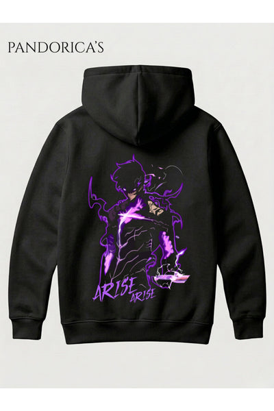 SOLO LEVELING ANİME SUNG JINWOO Tasarımı"ARISE" Yazılı SIRT Baskılı Unisex Kapüşonlu Pamuklu Sweatshirt Hoodie