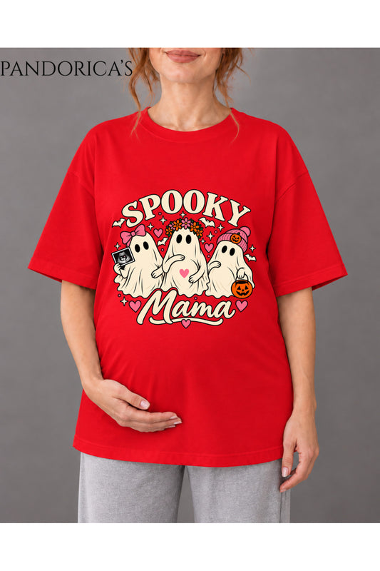 Kadın Hamile Temalı "SPOOKY MAMA" Yazılı Cadılar Bayramı Sevimli Hayalet Baskılı Oversize Pamuklu Tişört Bisiklet Yaka