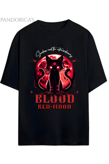 Streetwear Tasarımları "Blood Red Moon" Yazılı Kedi Baskılı Pamuklu Unisex Tişört