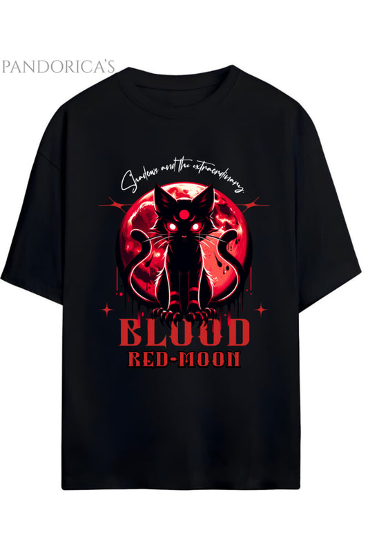 Streetwear Tasarımları "Blood Red Moon" Yazılı Kedi Baskılı Pamuklu Unisex Tişört