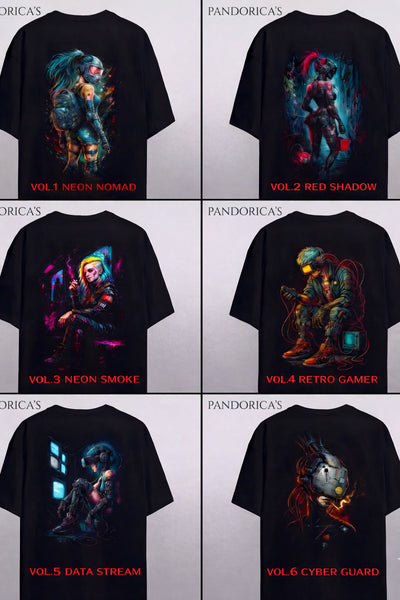 Cyberpunk Street Style Serisi Sırt Baskılı Pamuklu Relaxed Kalıp Siyah Unisex Tişört