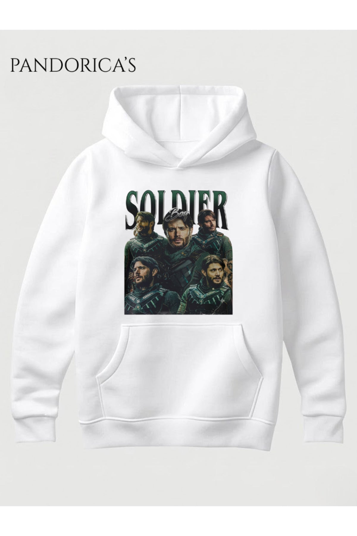 Beyaz The Boys "Soldier Boy" Tasarımı Yazılı Vintage Retro Kolaj Baskılı Unisex Kapüşonlu Pamuklu Sweatshirt Hoodie - 258
