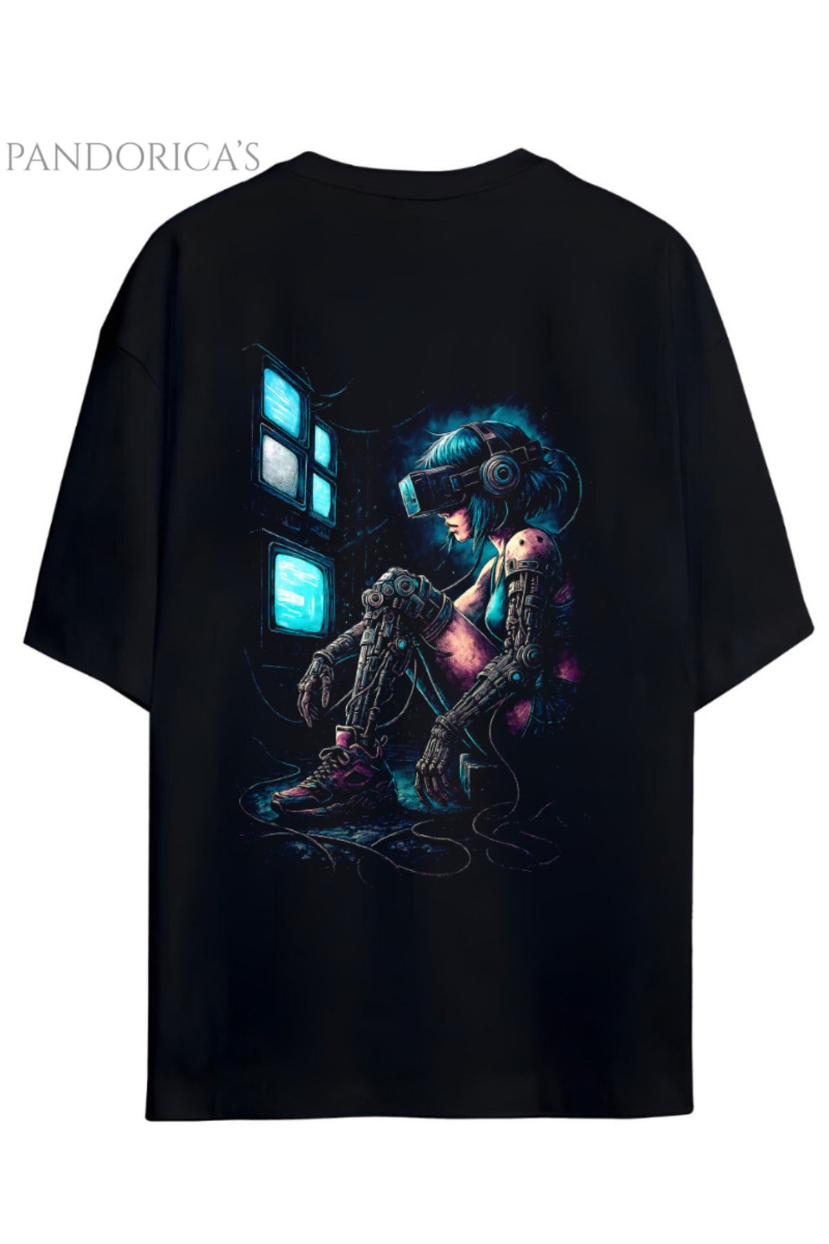 Cyberpunk Street Style Serisi Sırt Baskılı Pamuklu Relaxed Kalıp Siyah Unisex Tişört - 17