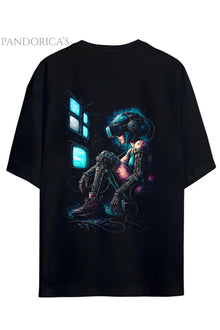 Cyberpunk Street Style Serisi Sırt Baskılı Pamuklu Relaxed Kalıp Siyah Unisex Tişört