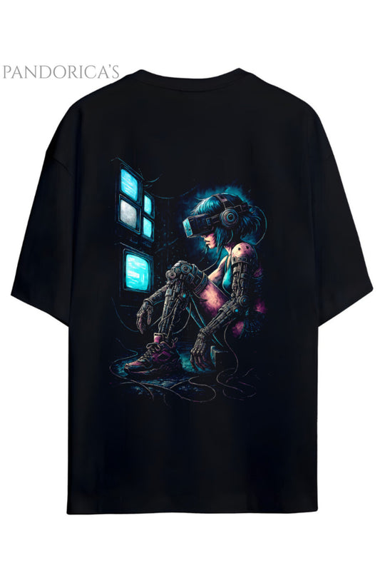 Cyberpunk Street Style Serisi Sırt Baskılı Pamuklu Relaxed Kalıp Siyah Unisex Tişört