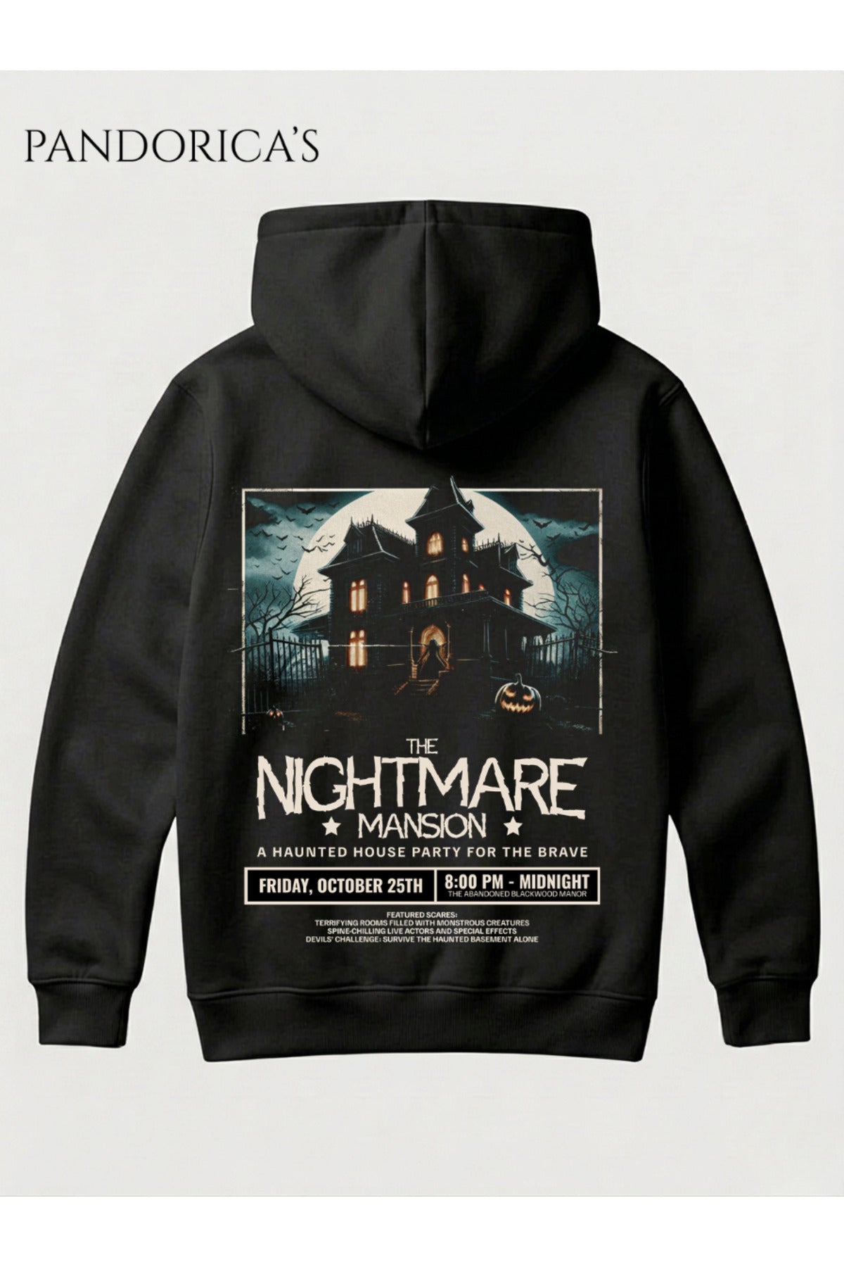 Siyah Unisex Gothic Haunted House Nightmare Mansion Perili Ev Grafikli Sırt Baskılı Kapüşonlu Pamuklu Sweatshirt Hooded Hoodie