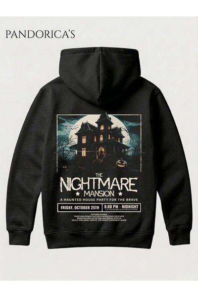 Siyah Unisex Gothic Haunted House Nightmare Mansion Perili Ev Grafikli Sırt Baskılı Kapüşonlu Pamuklu Sweatshirt Hooded Hoodi