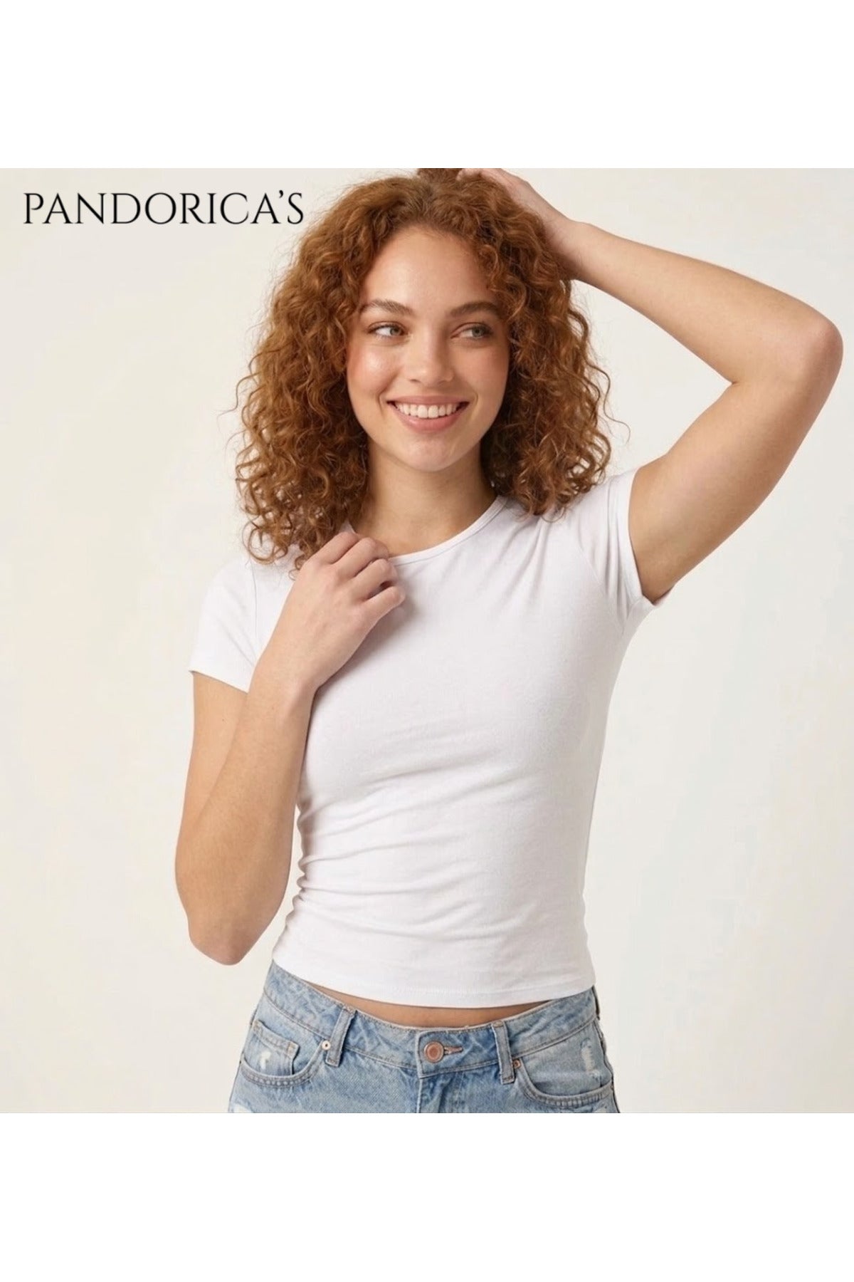 Pandorica's Beyaz Bisiklet Yaka Slim Fit Likralı Basic Crop Pamuklu Penye Kadın Tişört (Body Tee)