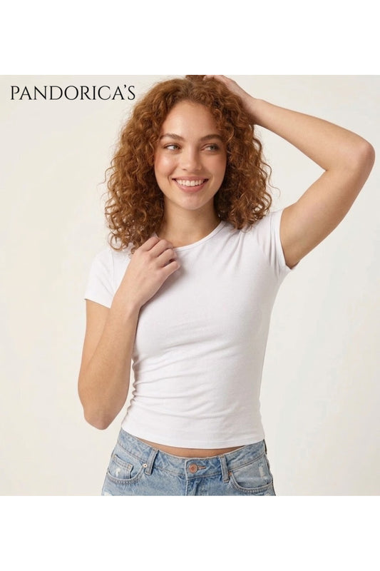 Pandorica's Beyaz Bisiklet Yaka Slim Fit Likralı Basic Crop Pamuklu Penye Kadın Tişört (Body Tee)