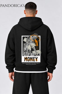 Urban Streetwear Money Yazılı Unisex Oversize SIRT Baskılı Pamuklu Kapüşonlu Fermuarlı Hırka