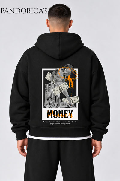 Urban Streetwear Money Yazılı Unisex Oversize SIRT Baskılı Pamuklu Kapüşonlu Fermuarlı Hırka