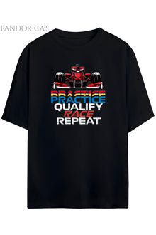 Pandorica's Yarış Temalı Tasarım Practice Qualify Race Repeat Yazılı Unisex Pamuklu T-shirt