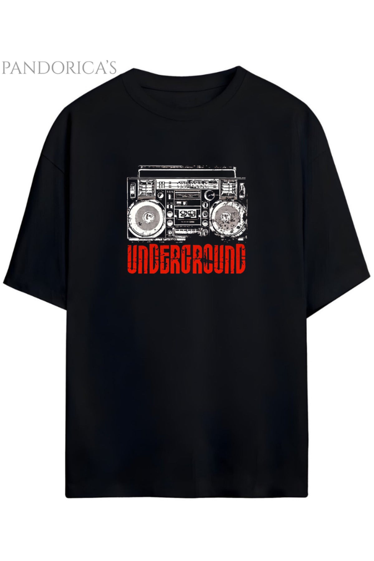 Siyah Pandorica's Rock Tasarım Serisi "Underground" Yazılı Retro Müzikçalar Baskılı Unisex Pamuklu T-Shirt - 45