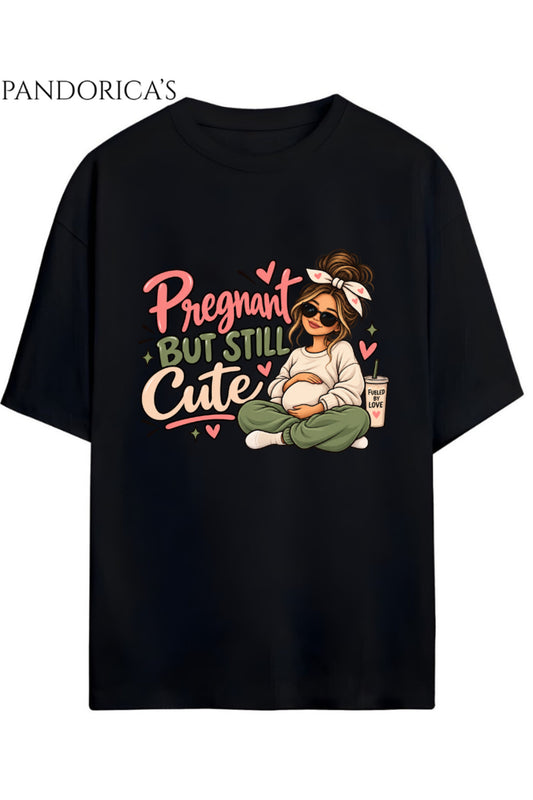 Kadın Hamile Temalı "Pregnant But Still Cute" Yazılı Baskılı Oversize Pamuklu Tişört Bisiklet Yaka