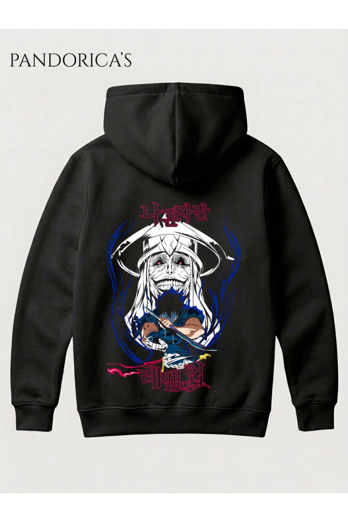 Siyah Solo Leveling Anime Tasarımı Yazılı "Statue Of God Ve Sung Jinwoo" Sırt Baskılı Unisex Kapüşonlu Pamuklu Sweatshirt Hoodie - 87