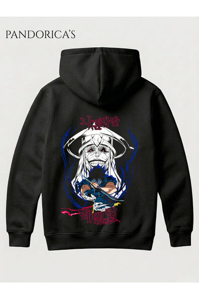 SOLO LEVELING ANİME Tasarımı Yazılı "STATUE OF GOD VE SUNG JİNWOO" SIRT Baskılı Unisex Kapüşonlu Pamuklu Sweatshirt Hoodie