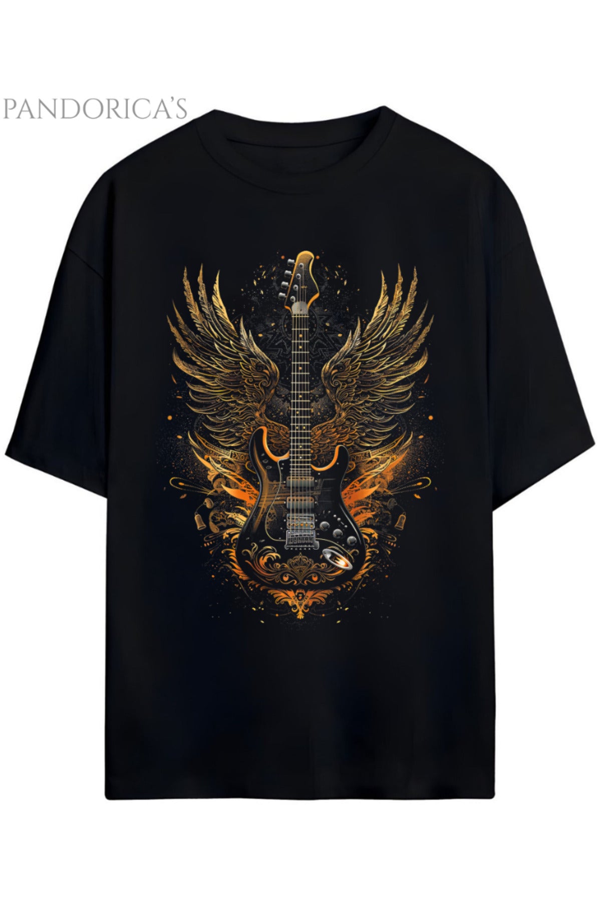Siyah Pandorica's Rock Tasarım Serisi Yazılı Gitar Baskılı Unisex Pamuklu Relaxed Kalıp T-Shirt - 145