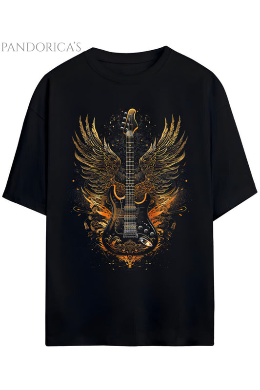 Pandorica's ROCK TASARIM SERİSİ Yazılı Gitar Baskılı Unisex Pamuklu Relaxed Kalıp T-shirt