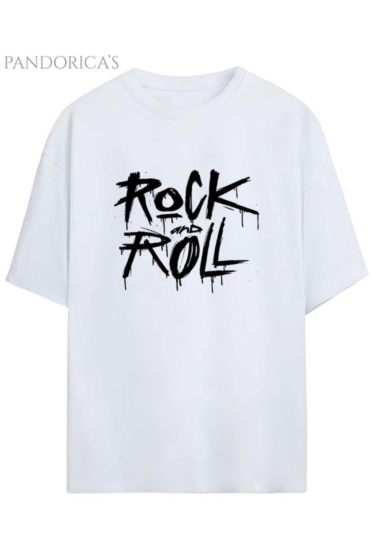 Pandorica's Rock Tasarım Serisi "Rock And Roll" Yazılı Baskılı Relaxed Kalıp Unisex Pamuklu T-Shirt