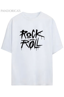 Pandorica's ROCK Tasarım Serisi "ROCK AND ROLL" Yazılı Baskılı Relaxed Kalıp Unisex Pamuklu T-shirt