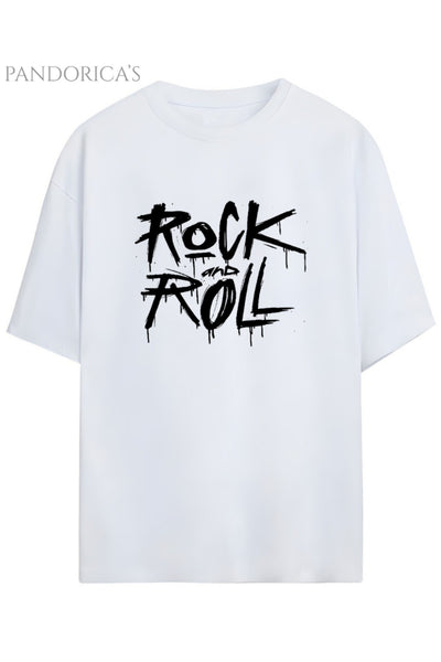 Pandorica's ROCK Tasarım Serisi "ROCK AND ROLL" Yazılı Baskılı Relaxed Kalıp Unisex Pamuklu T-shirt