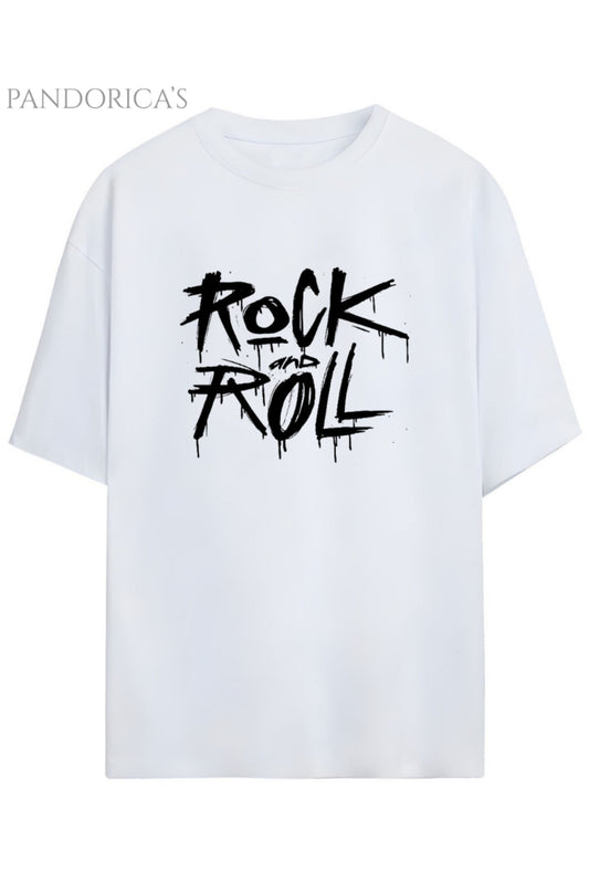 Pandorica's ROCK Tasarım Serisi "ROCK AND ROLL" Yazılı Baskılı Relaxed Kalıp Unisex Pamuklu T-shirt