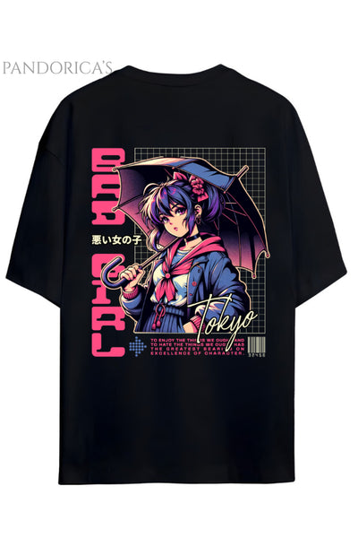 Streetwear Tasarımları Japanese Style "Bad Girl" Yazılı Sırt Baskılı Pamuklu Unisex Tişört