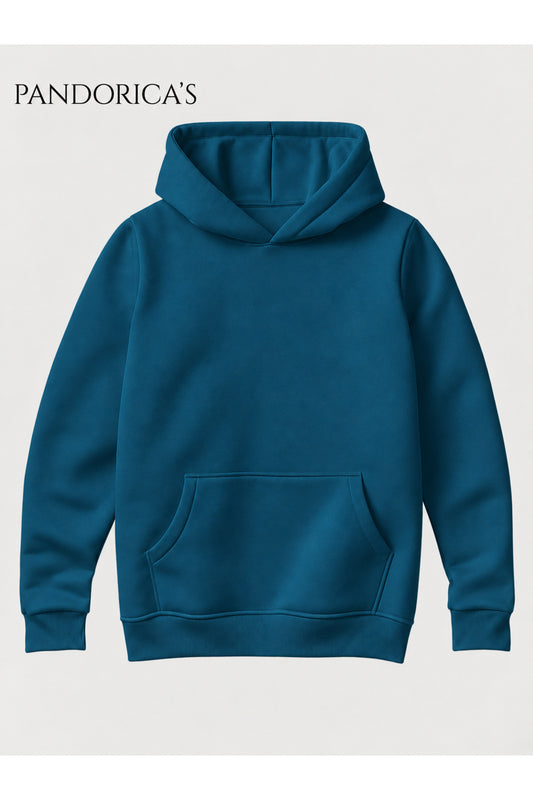 Unisex Petrol Mavisi %100 Pamuk 3 İplik Kışlık Kapüşonlu Kanguru Cepli Basic Sweatshirt (Hoodie)