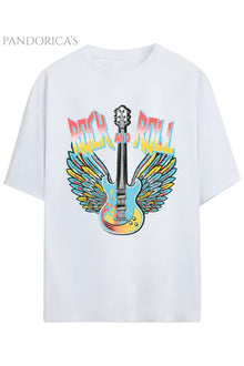 Pandorica's ROCK TASARIM SERİSİ ROCK&ROLL Yazılı Gitar Baskılı Unisex Pamuklu T-shirt
