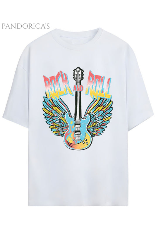 Pandorica's ROCK TASARIM SERİSİ ROCK&ROLL Yazılı Gitar Baskılı Unisex Pamuklu T-shirt