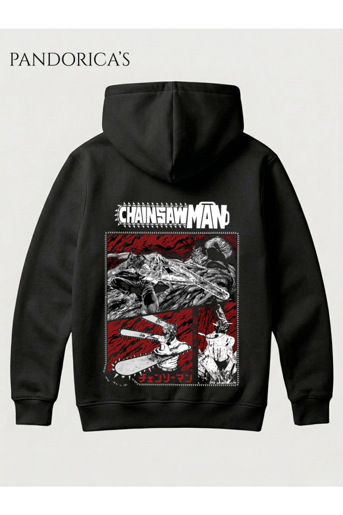 Siyah Chainsaw Man Anime Manga Tasarım Serisi Yazılı Sırt Baskılı Unisex Kapüşonlu Pamuklu Sweatshirt Hoodie - 87