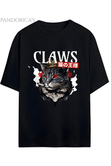 Streetwear Tasarımları Japanese Style "Claws" Yazılı Kedi Baskılı Pamuklu Unisex Tişört