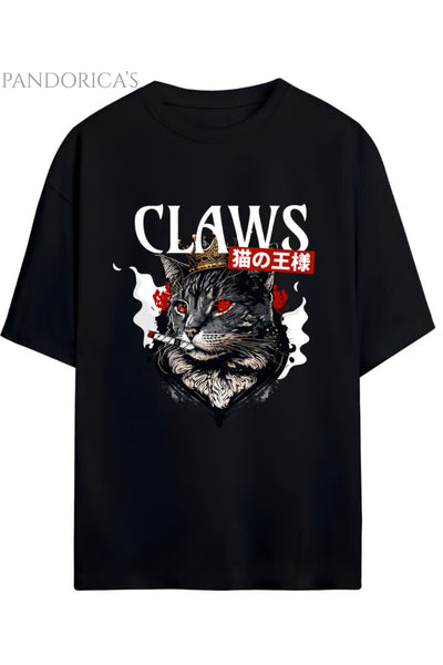 Streetwear Tasarımları Japanese Style "Claws" Yazılı Kedi Baskılı Pamuklu Unisex Tişört