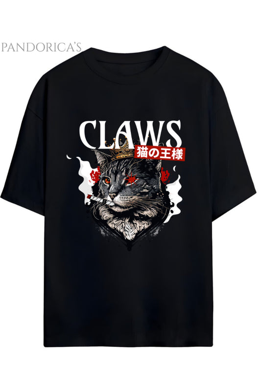 Streetwear Tasarımları Japanese Style "Claws" Yazılı Kedi Baskılı Pamuklu Unisex Tişört