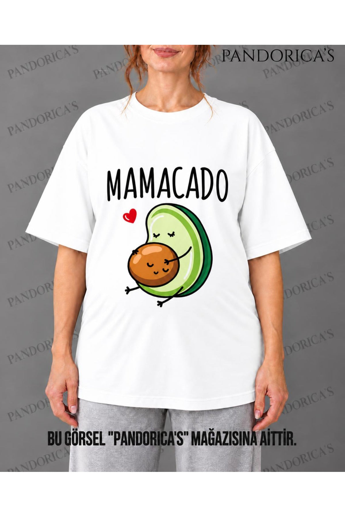 Beyaz Kadın Hamile Temalı "Mamacado" Sevimli Avokado Baskılı Oversize %100 Pamuk Tişört Bisiklet Yaka