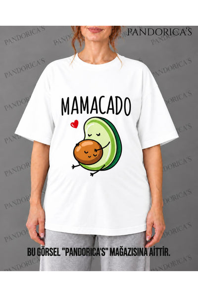 Kadın Hamile Temalı "MAMACADO" Sevimli Avokado Baskılı Oversize %100 Pamuk Tişört Bisiklet Yaka