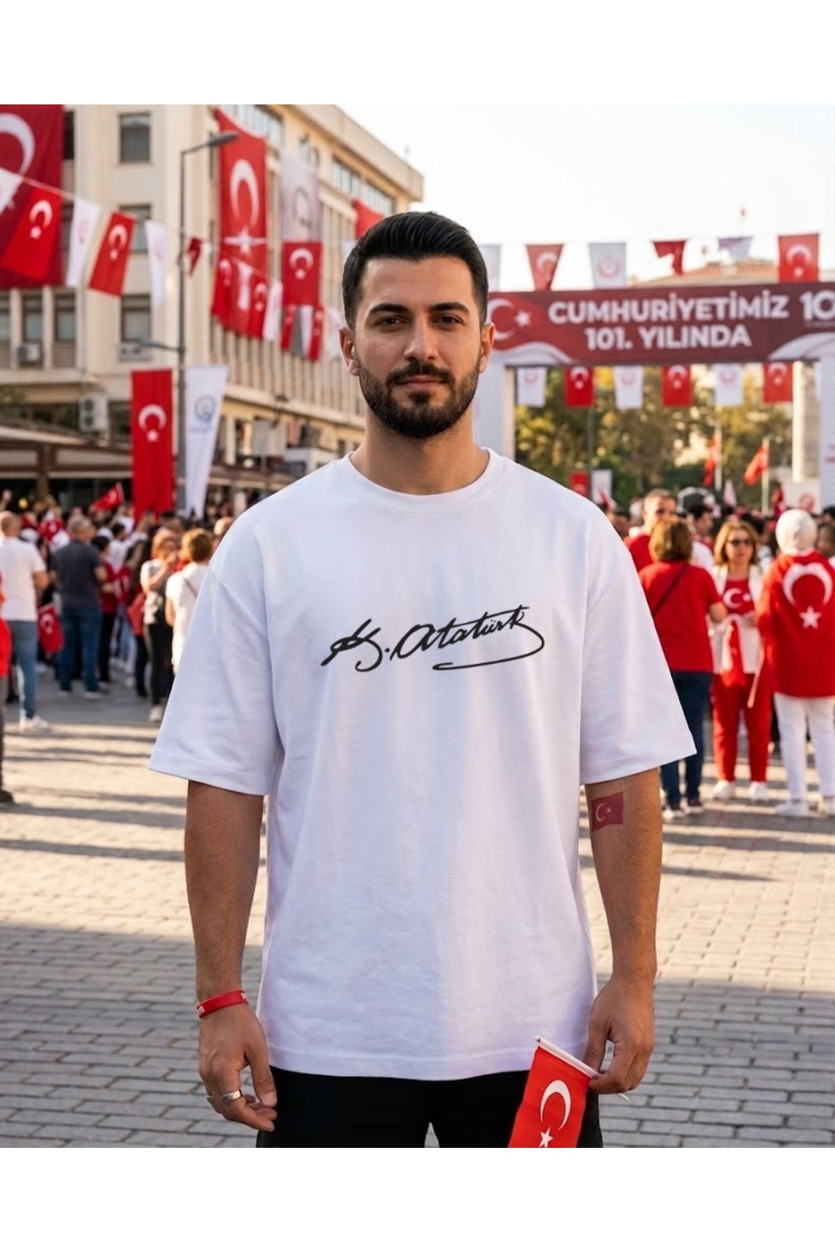 Beyaz Pandorica's Mustafa Kemal Atatürk Tasarımı İmzalı Baskılı Unisex Pamuklu T-Shirt - 32