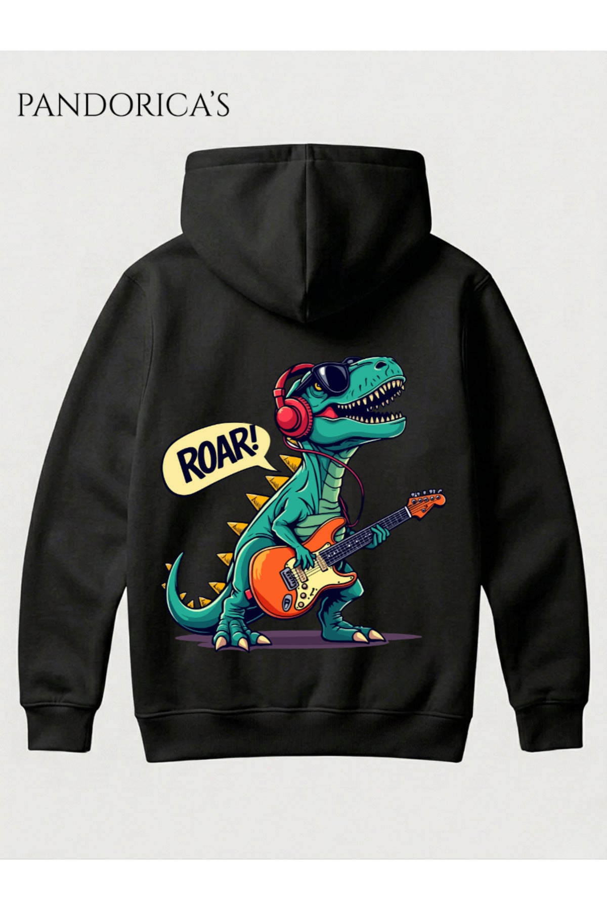 Siyah Dino Tasarım Serisi "Roar Star" Yazılı Sırt Baskılı Unisex Kapüşonlu Pamuklu Sweatshirt (Hoodie) - 9