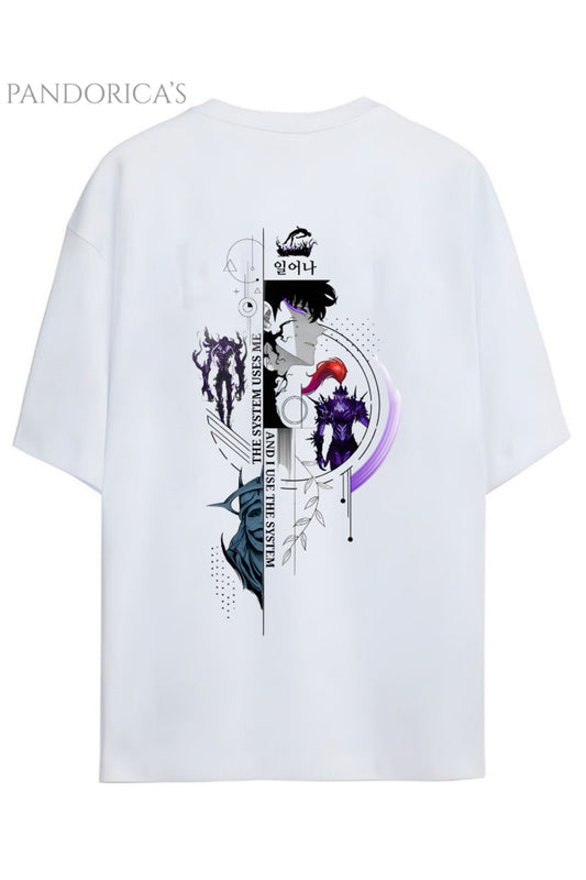 Solo Leveling Anime Tasarım Serisi Sung Jinwoo Yazılı Sırt Ve Ön Baskılı Pamuklu Unisex Tişört