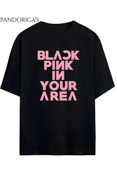 BLACKPINK Tasarım Serisi "BLACKPINK IN YOUR AREA" Yazılı Baskılı Unisex Relaxed Kalıp Tişört