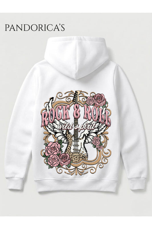 ROCK&ROLL Vintage Tasarımı "WILD SPIRIT" Yazılı Gitar SIRT Baskılı Unisex %100 Pamuk 3 İplik Kışlık Kapüşonlu Kanguru Cepli Basic Sweatshirt (Hoodie)