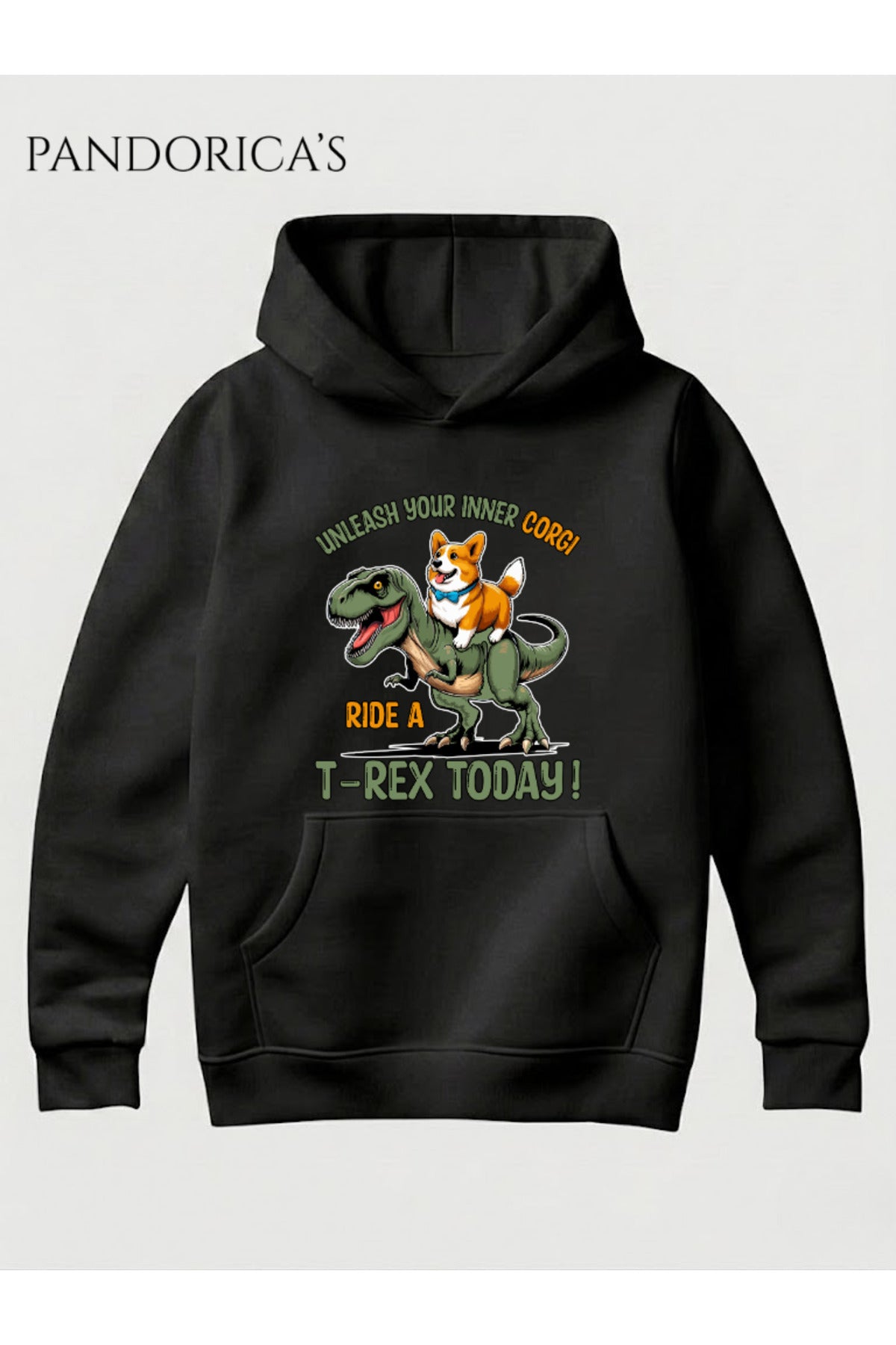 Siyah Dino Tasarım Serisi "Unleah Your Inner Corgi Ride A T-Rex Today" Yazılı Baskılı Unisex Kapüşonlu Pamuklu Sweatshirt (Hoodie) - 25