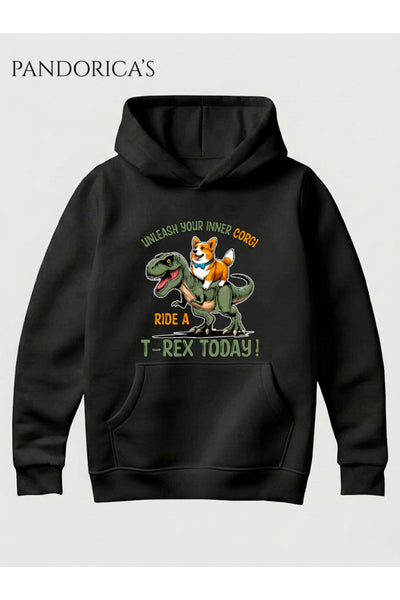 DİNO Tasarım Serisi "UNLEAH YOUR INNER CORGI RIDE A T-REX TODAY" Yazılı Baskılı Unisex Kapüşonlu Pamuklu Sweatshirt (Hoodie)