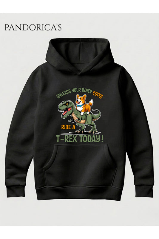 DİNO Tasarım Serisi "UNLEAH YOUR INNER CORGI RIDE A T-REX TODAY" Yazılı Baskılı Unisex Kapüşonlu Pamuklu Sweatshirt (Hoodie)