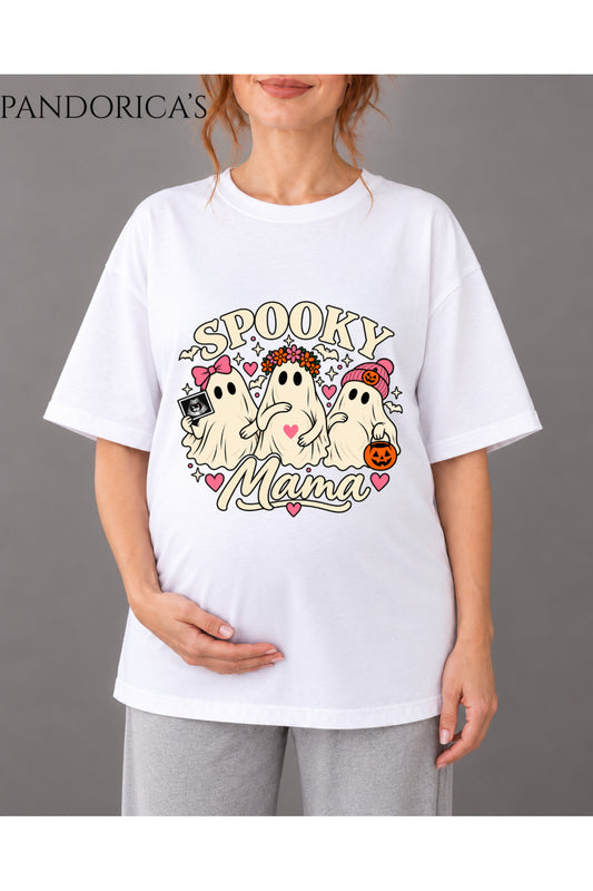 Kadın Hamile Temalı "SPOOKY MAMA" Yazılı Cadılar Bayramı Sevimli Hayalet Baskılı Oversize Pamuklu Tişört Bisiklet Yaka