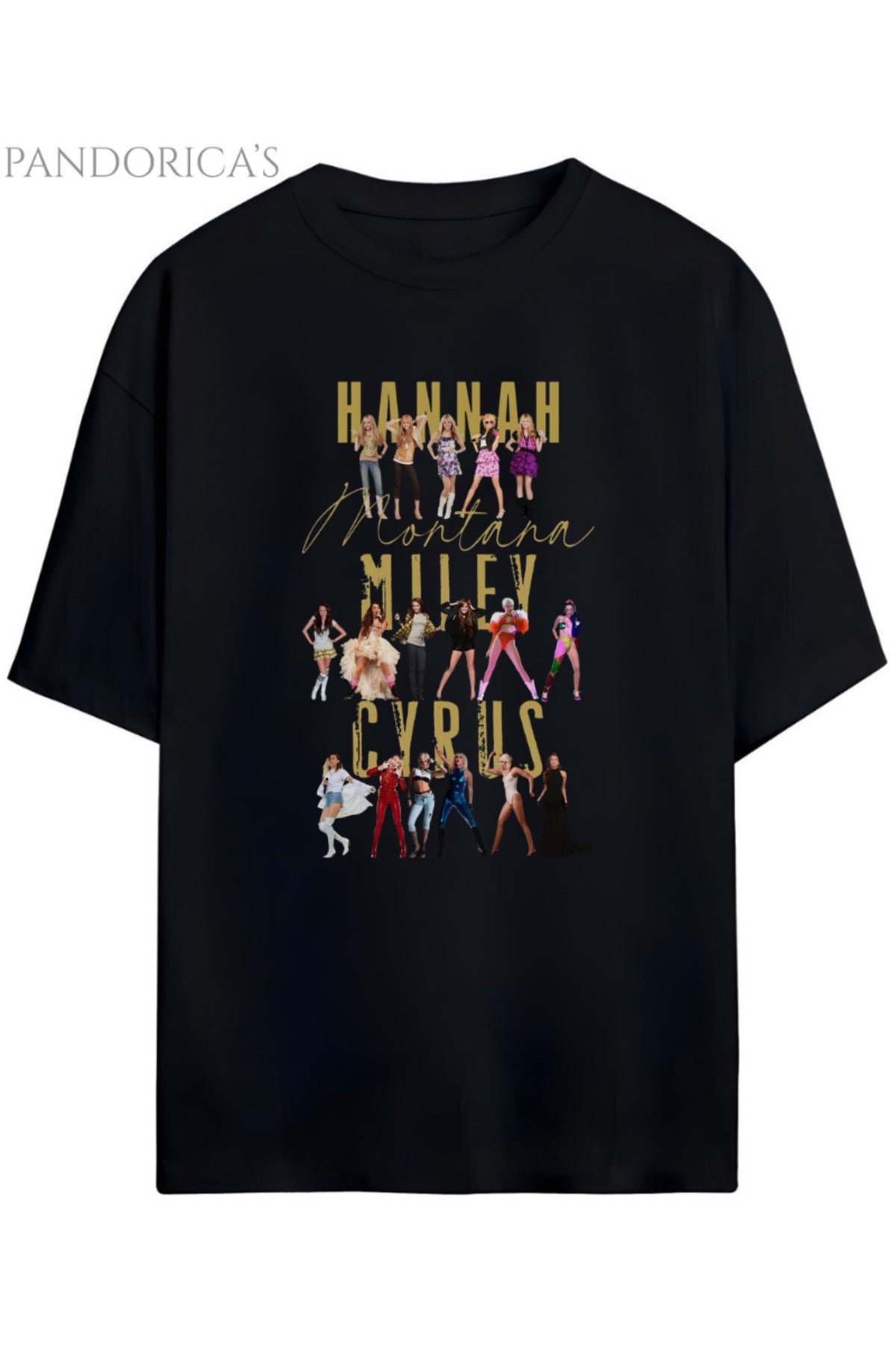 Siyah Pandorica's Hannah Montana Miley Cyrus 20. Yıl Tasarımı Baskılı Unisex Pamuklu T-Shirt - 25