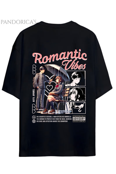 Streetwear Tasarımları Anime Stili "Romantic Vibes" Yazılı Sırt Baskılı Pamuklu Unisex Tişört