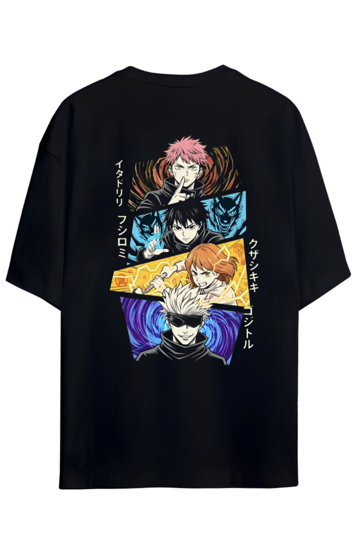 Siyah Jujutsu Kaisen Anime Serisi Sırt Ve Ön Baskılı Yazılı Pamuklu Unisex Tişört - 25