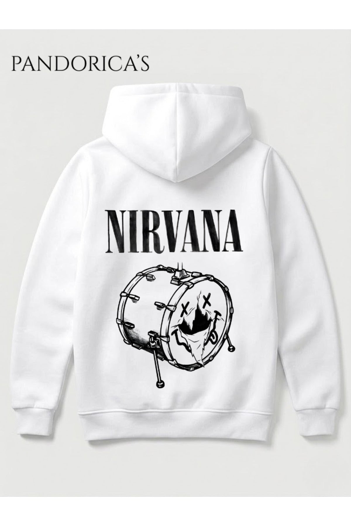Beyaz Nirvana Tasarımı Yazılı Sırt Baskılı Unisex Kapüşonlu Pamuklu Sweatshirt Kanguru Cep Hoodie - 60