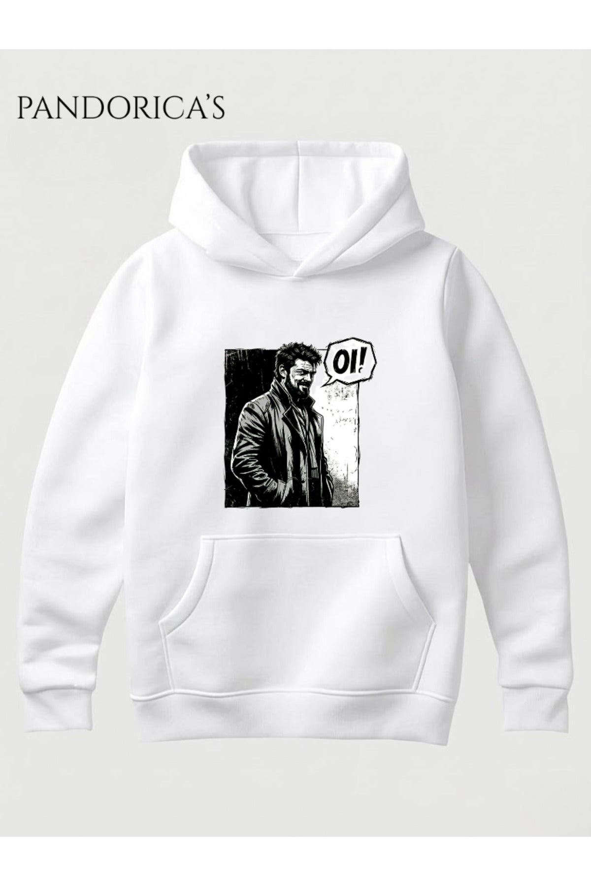 Beyaz The Boys Billy Butcher Tasarımı "Oi" Yazılı Baskılı Unisex Kapüşonlu Pamuklu Sweatshirt Hoodie - 60